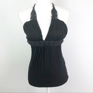Sky Beaded & Braided Halter Tank Top Black Medium